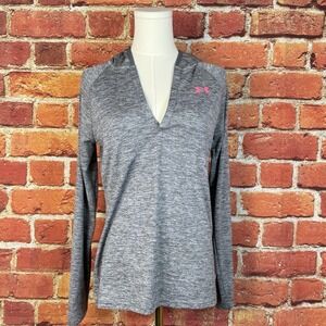 Under Armour Heat Gear Loose Hoodie Womens Size Small Gray Heather Hooded V-Neck